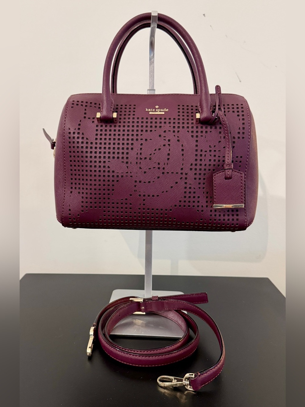 kate spade Plum Perforated Leather Satchel with Detachable Strap